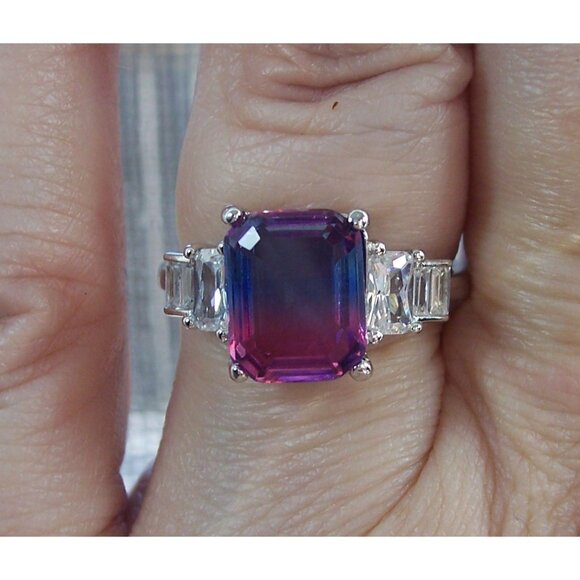 925 STERLING SILVER Bicolor Cubic Zirconia & Baguette Ring Blue & Pink - Picture 13 of 16